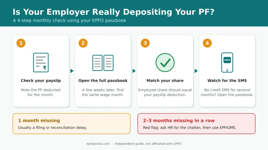 Four-step infographic showing how to check employer PF deposits using the EPFO passbook: check payslip, open full passbook, match employee share, watch for credit SMS