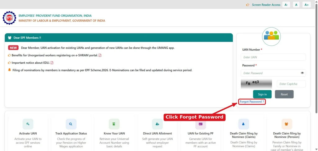 EPFO Member Portal login page with the Forgot Password link highlighted below the Sign in button
